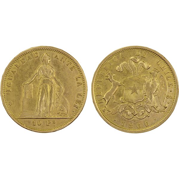 CHILE: Republic, AV 10 pesos, 1866-So, About XF