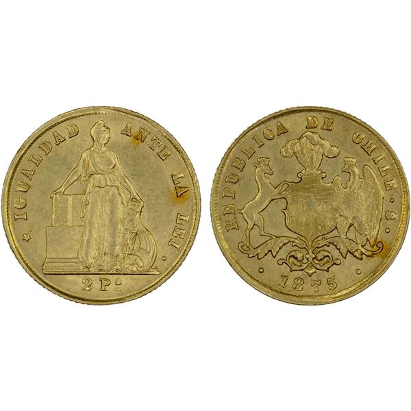 CHILE: Republic, AV 2 pesos, 1875, AU