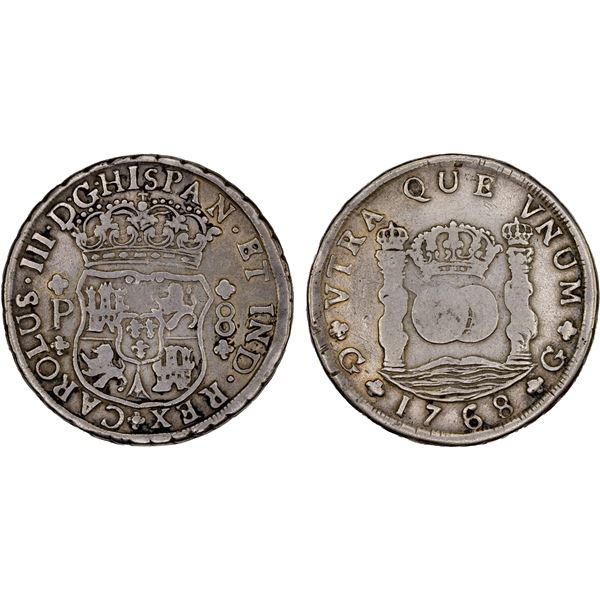 GUATEMALA: Carlos III, 1759-1788, AR 8 reales (26.31g), 1768-G, VF