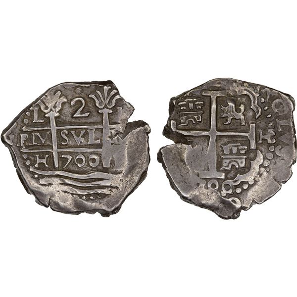 PERU: Carlos II, 1665-1700, AR 2 reales cob (4.36g), 1700-L, VF-XF