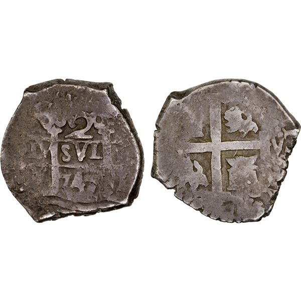 PERU: Felipe V, 1700-1746, AR 2 reales (7.11g), 1747-L, F-VF