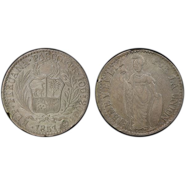 PERU: Republic, AR 4 reales, Pasco Mint, 1857, PCGS XF details