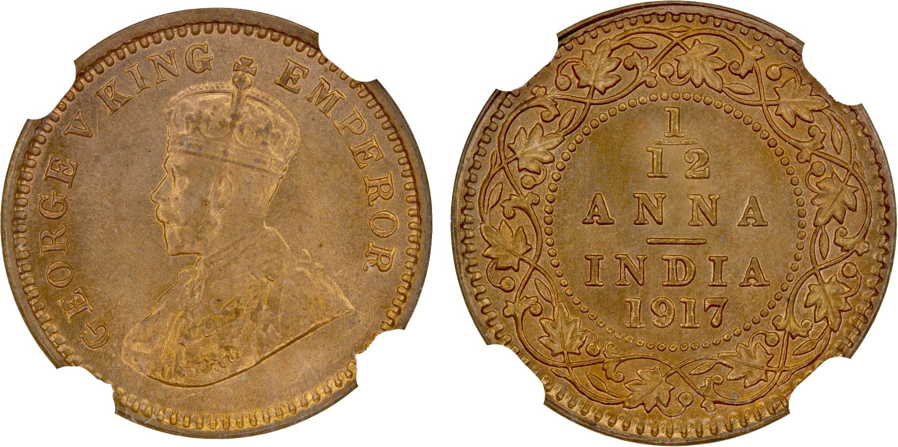 BRITISH INDIA George V 1910 1936 AE 1 12 Anna 1917 c NGC MS66 RB british-india-george-v-1910-1936-ae-1-12-anna-1917-c-ngc-ms66-rb