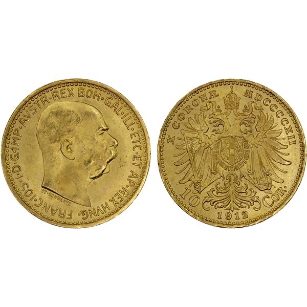 AUSTRIA: Franz Josef I, 1848-1916, AV 10 corona, 1912, Choice UNC