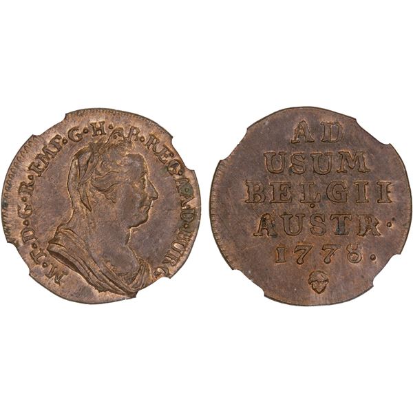 AUSTRIAN NETHERLANDS: Maria Theresa, 1740-1780, AE liard, Brussels, 1778, NGC MS64 RB