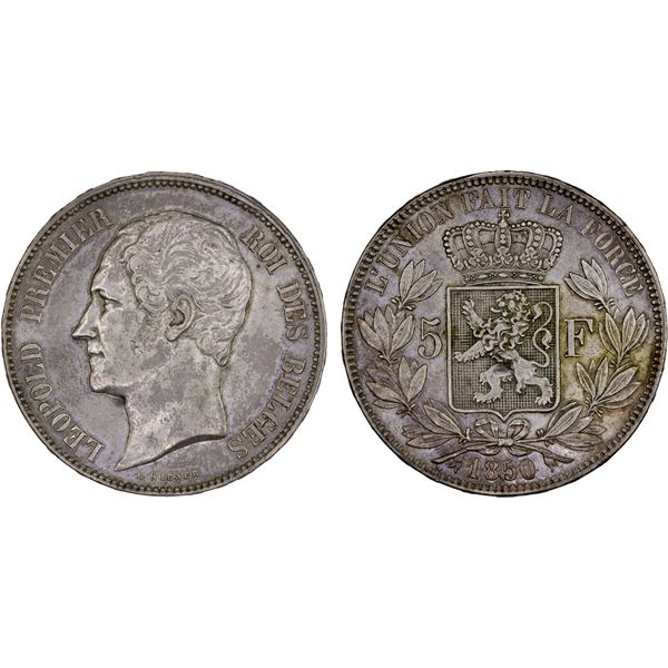 BELGIUM: Leopold I, 1831-1865, AR 5 francs, 1850, XF-AU