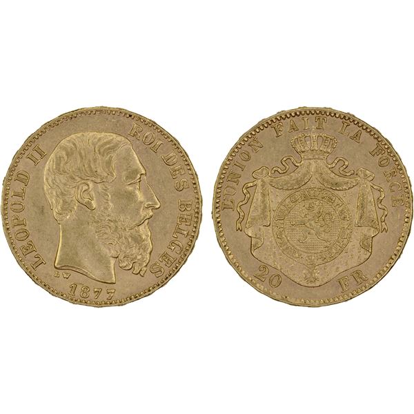 BELGIUM: Leopold II, 1865-1909, AV 20 francs, 1877, XF