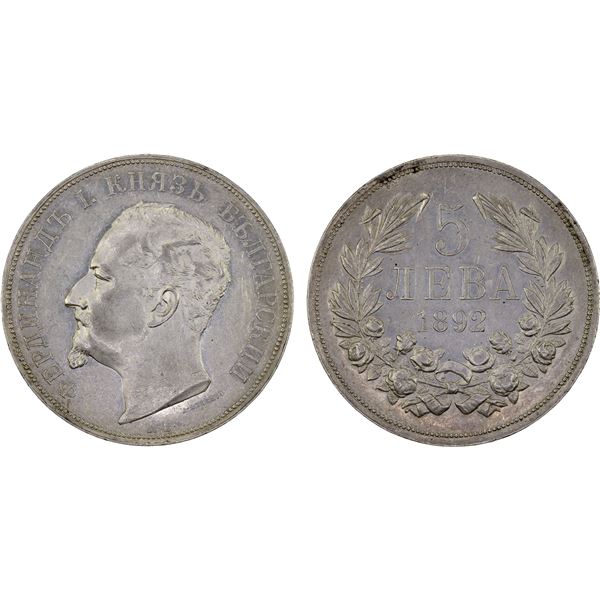 BULGARIA: Ferdinand I, 1887-1908, AR 5 leva, 1892-KB, AU