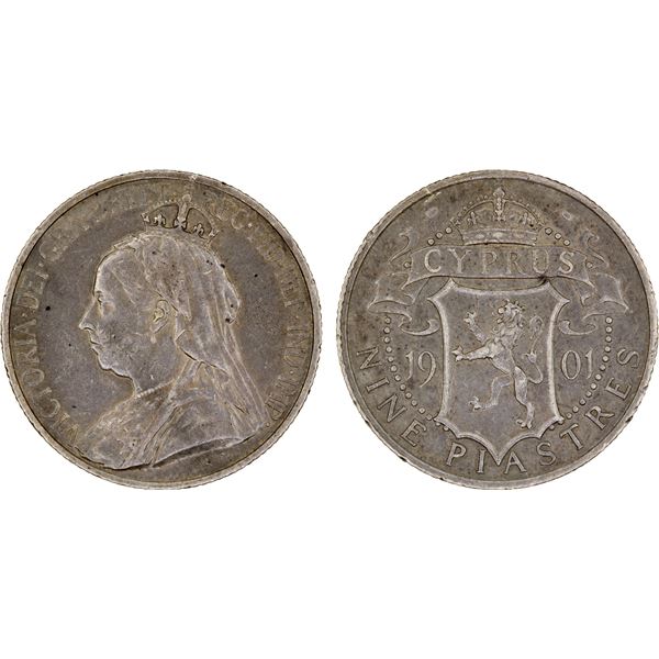 CYPRUS: Victoria, 1837-1901, AR 9 piastres, 1901, VF-XF