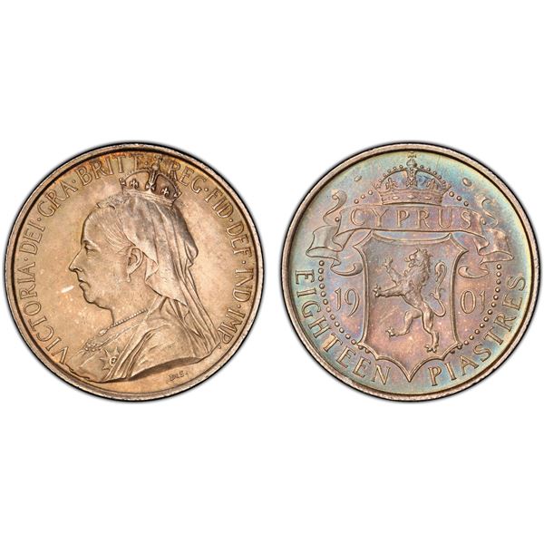 CYPRUS: Victoria, 1878-1901, AR 18 piastres, 1901, PCGS AU58
