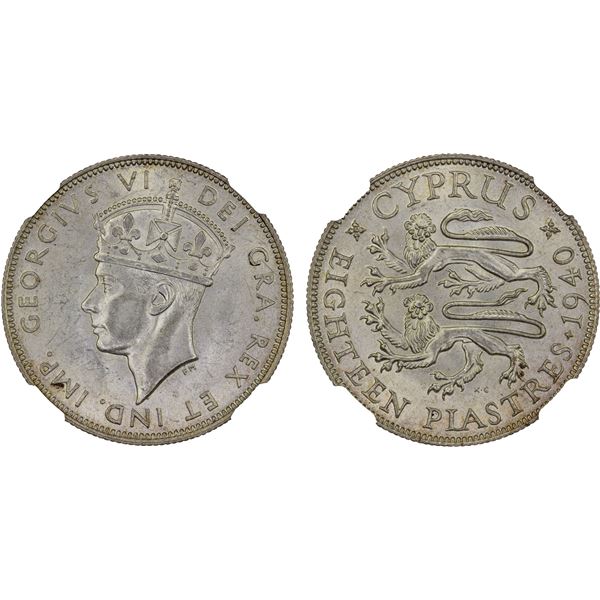 CYPRUS: George VI, 1936-1952, AR 18 piastres, 1940, NGC MS62