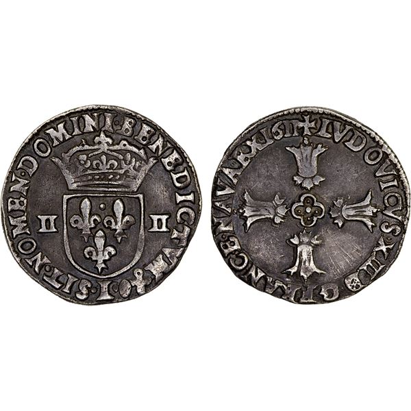 FRANCE: Louis XIII, 1610-1643, AR 1/4 ecu (9.35g), 1611-I, VF-XF