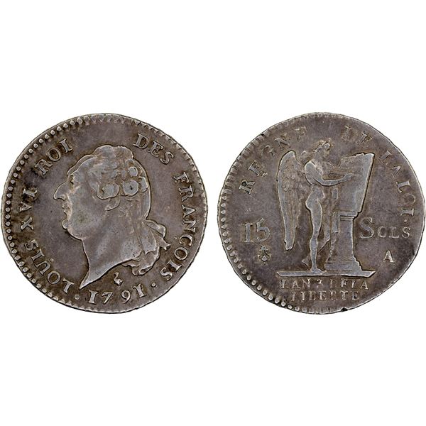 FRANCE: Louis XVI, 1774–1790, AR 15 sols, 1791-A, XF-AU