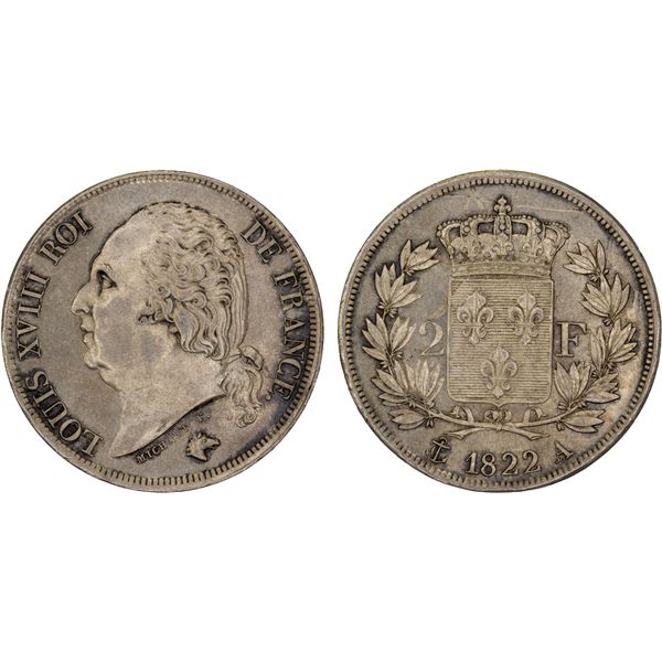 FRANCE: Louis XVIII, 1814-1824, AR 2 francs, 1822-A, UNC