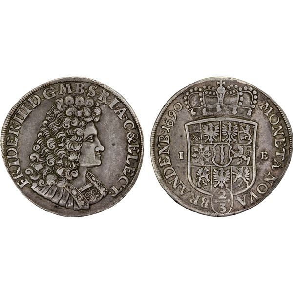 BRANDENBURG-PRUSSIA: Friedrich III, 1688-1701, AR 2/3 thaler, 1690, VF-XF