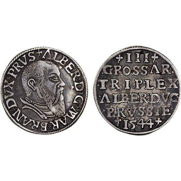PRUSSIA: Albrecht, 1525-1568, AR 3 groschen (2.58g), XF