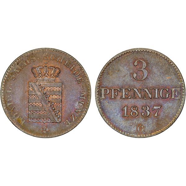 SAXONY: Friedrich August II, 1836-1854, AE 3 pfennig, 1837, UNC