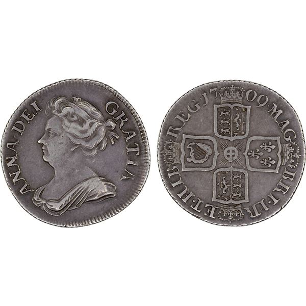 GREAT BRITAIN: Anne, 1707-1714, AR shilling, 1709, VF