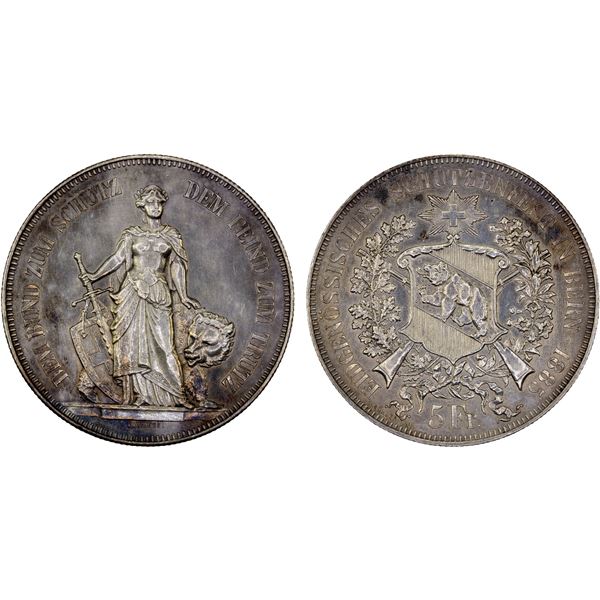 SWITZERLAND: Confederation, AR 5 francs, 1885, AU