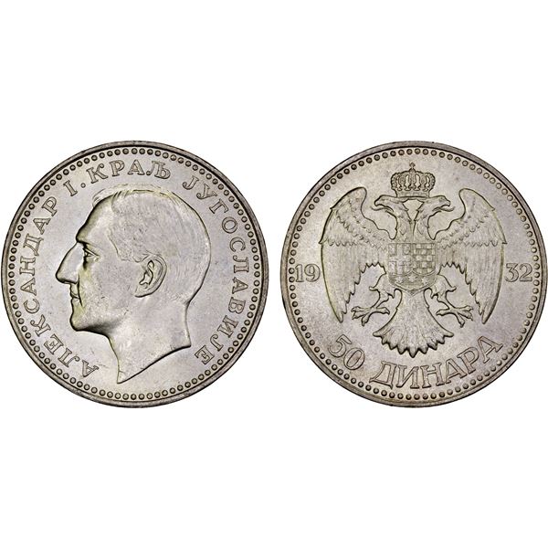 YUGOSLAVIA: Alexander I, 1921-1934, AR 50 dinara, 1932(l), UNC