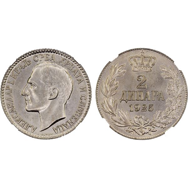 YUGOSLAVIA: Alexander I, 1921-1934, 2 dinara, 1925(b), NGC MS65