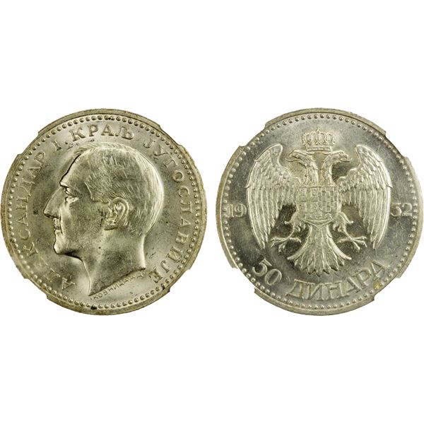 YUGOSLAVIA: Alexander I, 1921-1934, AR 50 dinara, 1932(k), NGC MS62