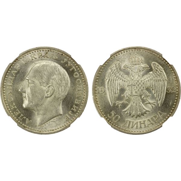 YUGOSLAVIA: Alexander I, 1921-1934, AR 50 dinara, 1932(k), NGC MS62