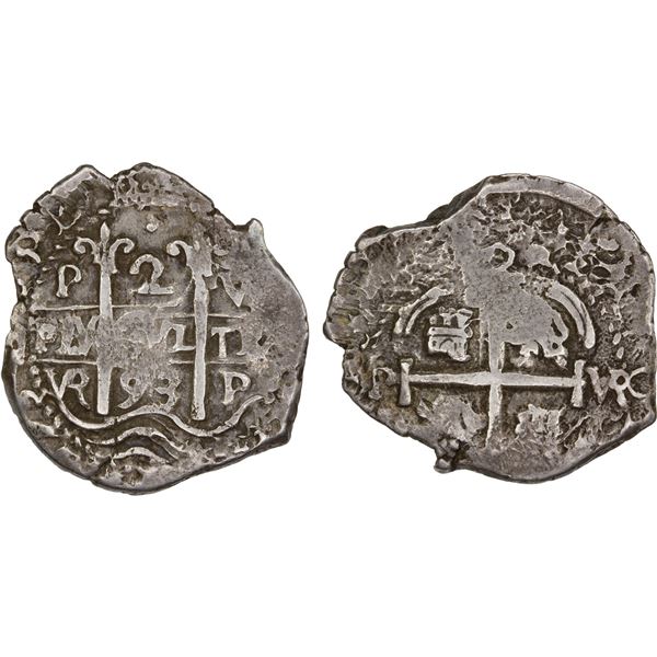 BOLIVIA: Carlos II, 1665-1700, AR 2 reales cob (3.97g), 1693-P, Fine