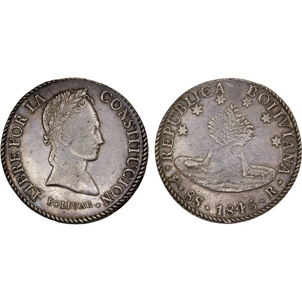 BOLIVIA: Republic, AR 8 soles, 1845, XF