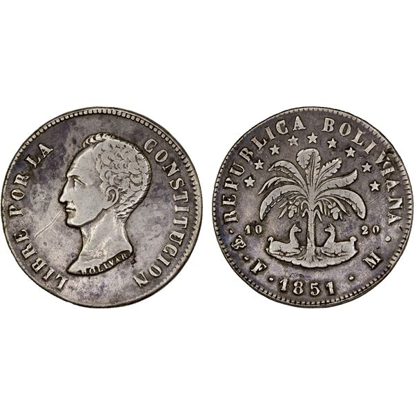 BOLIVIA: Republic, AR 8 soles, 1851, VF