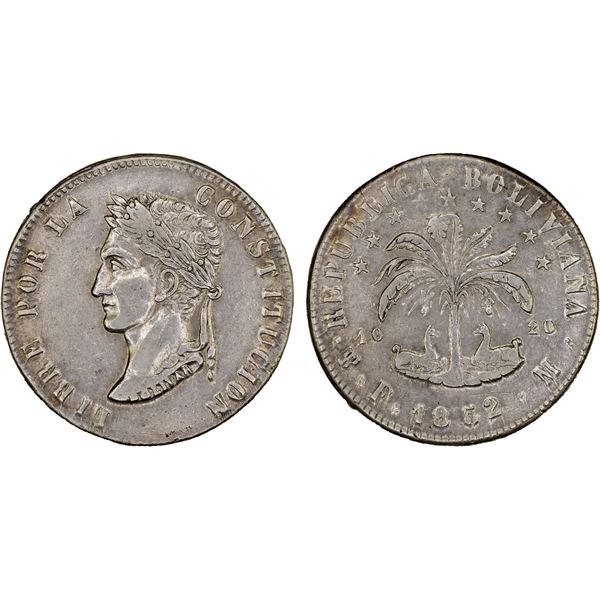BOLIVIA: Republic, AR 8 soles, 1852, About XF