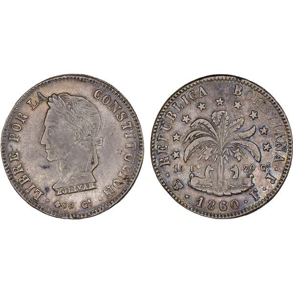 BOLIVIA: Republic, AR 8 soles, 1860, AU