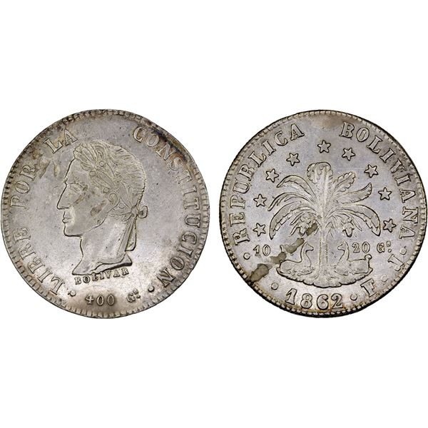 BOLIVIA: Republic, AR 8 soles, 1862, AU