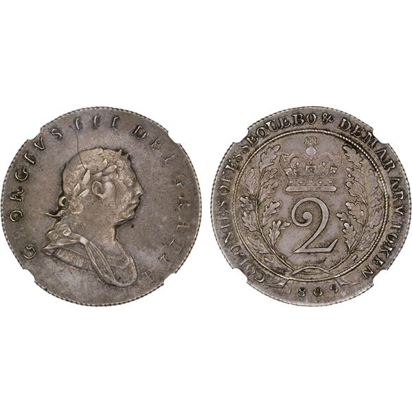 BRITISH GUIANA: ESSEQUIBO AND DEMERARY: George III, 1803-1820, AR 2 guilder, 1809, NGC XF45