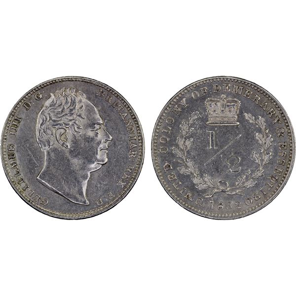 BRITISH GUIANA: ESSEQUIBO AND DEMERARY: George III, 1760-1820, AR 1/2 guilder, 1832, AU