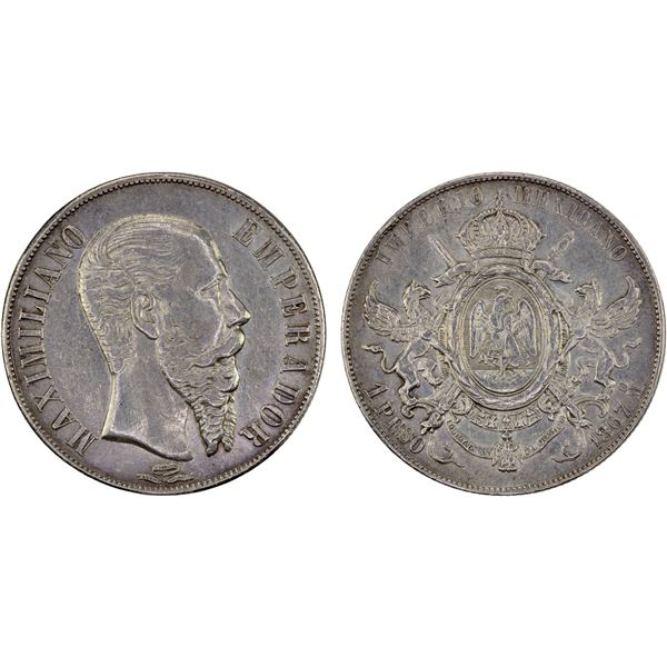 MEXICO: Maximiliano, 1864-1867, AR peso, 1867-Mo, VF-XF