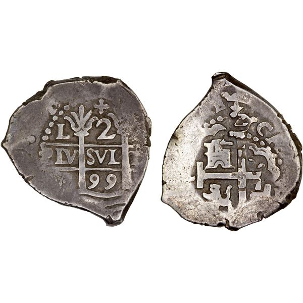 PERU: Carlos II, 1665-1700, AR 2 reales cob (4.16g), 1699-L, VF