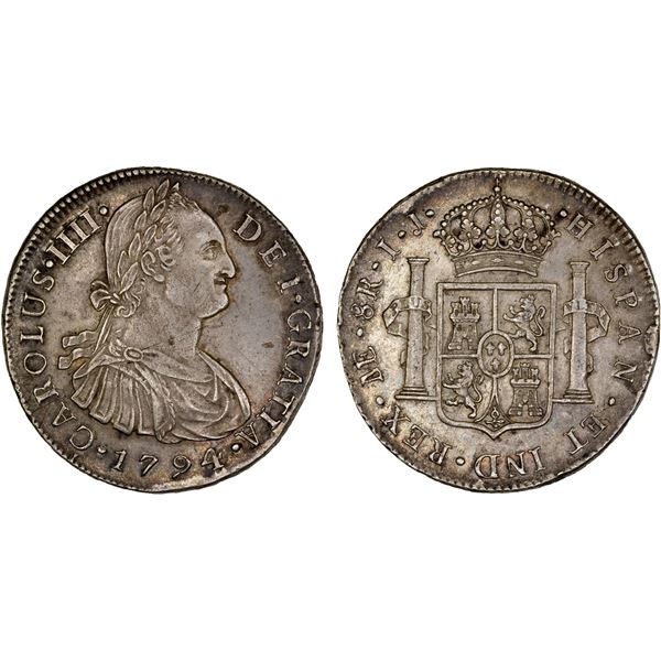 PERU: Carlos IV, 1788-1808, AR 8 reales, 1794, Choice XF