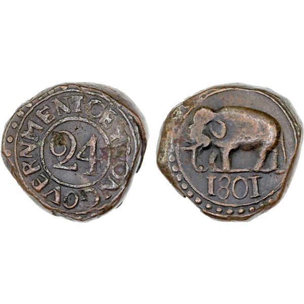 CEYLON: George III, 1760-1820, AE 1/24 rixdollar (24.66g), 1801, XF