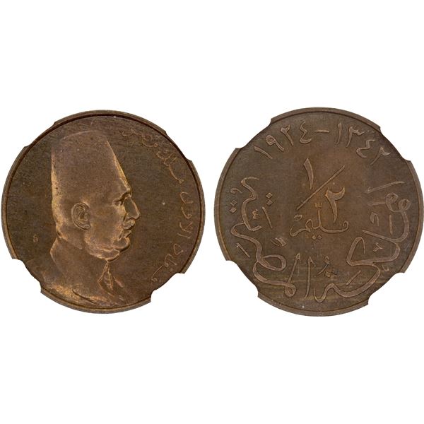 EGYPT: Fuad I, king, 1922-1936, AE 1/2 millieme, 1924-H/AH1342, NGC Specimen 64 RB