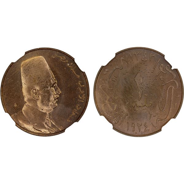EGYPT: Fuad I, king, 1922-1936, AE millieme, 1924-H/AH1342, NGC Specimen 64 RB