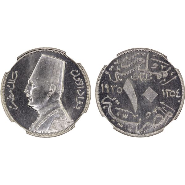 EGYPT: Fuad I, king, 1922-1936, 10 milliemes, 1935-H/AH1354, NGC Specimen 64