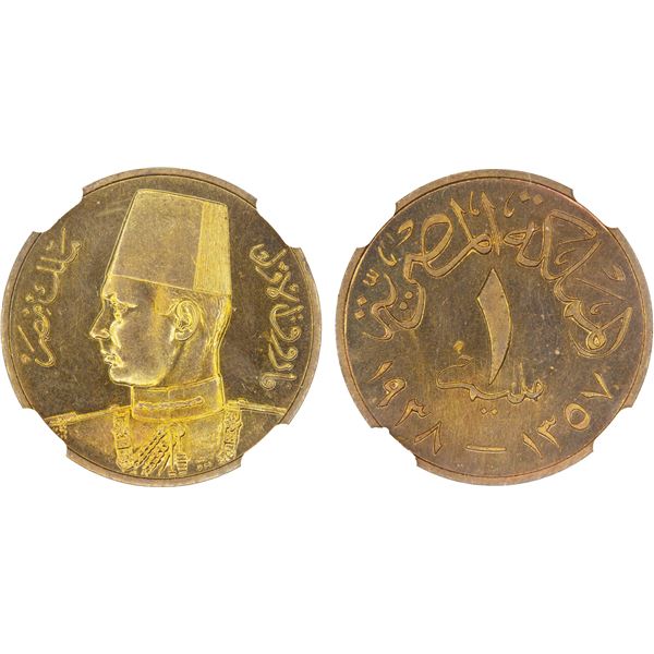 EGYPT: Farouk, 1936-1952, AE millieme, 1938/AH1357, NGC Specimen 64 RB