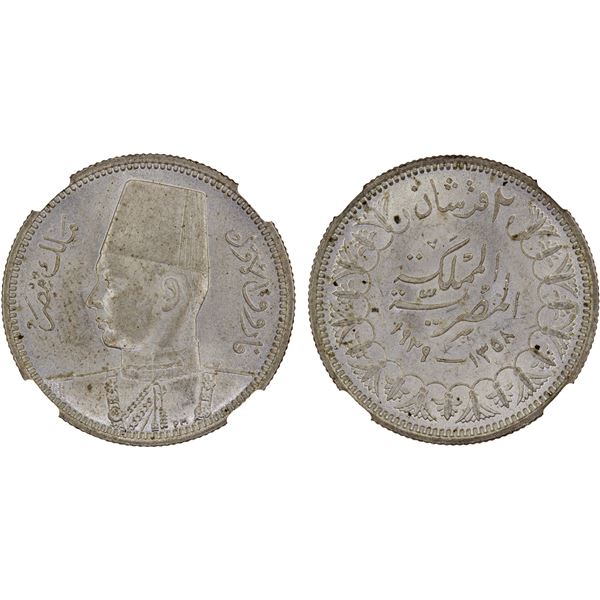 EGYPT: Farouk, 1936-1952, AR 2 piastres, 1939/AH1358, NGC MS64