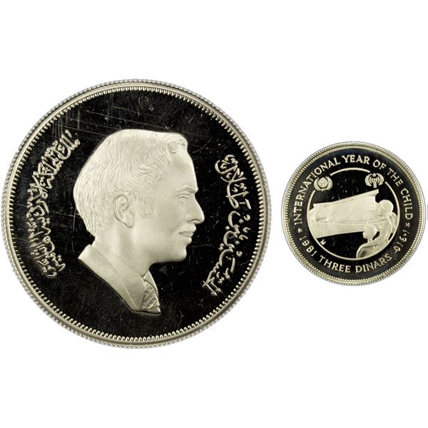 JORDAN: Hussein b. Talal, 1952-1999, AR 3 dinars, 1981/AH1401, Proof