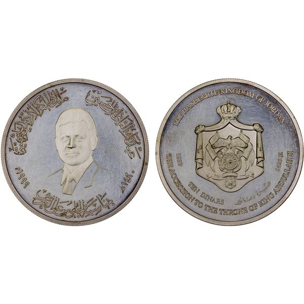 JORDAN: Abdullah II, 1999-, AR 10 dinars, 1999/AH1420, Proof