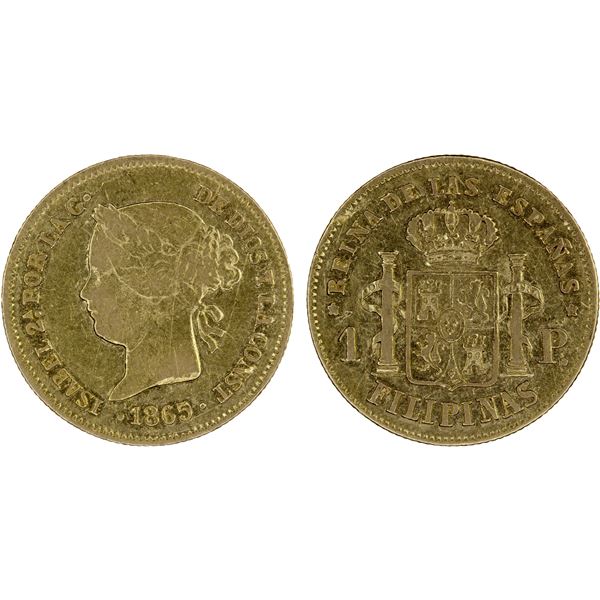 PHILIPPINES: Isabel II, 1833-1868, AV peso, 1865/0, F-VF