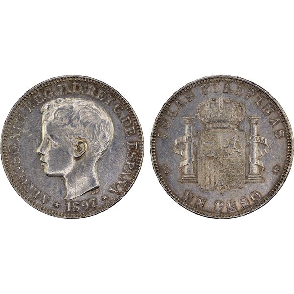 PHILIPPINES: Alfonso XIII, 1886-1898, AR peso, 1897, XF