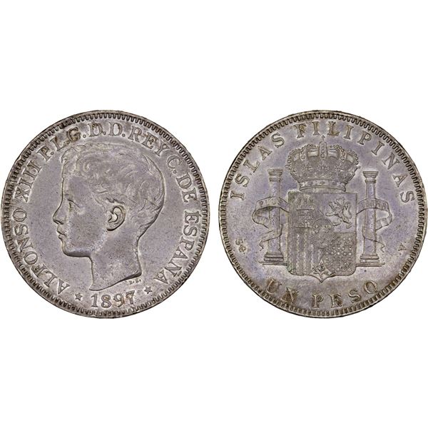 PHILIPPINES: Alfonso XIII, 1886-1931, AR peso, 1897, XF