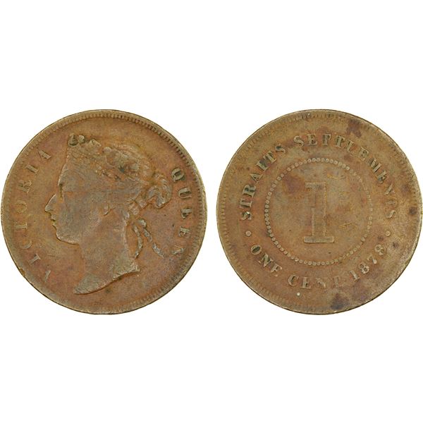 STRAITS SETTLEMENTS: Victoria, 1858-1901, AE cent, 1878, VG-F